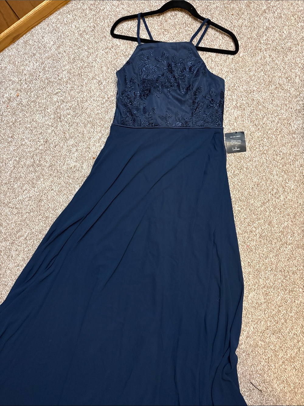 Lulu's Navy Embroidered Halter Maxi Dress NWT